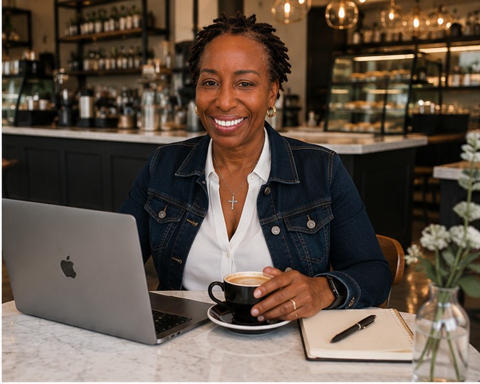 Stenell Myers working from a coffee shop